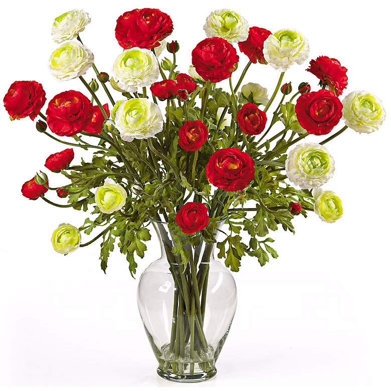 Image 1 Red and White Ranunculus 24 inchW Faux Floral Bouquet in a Vase