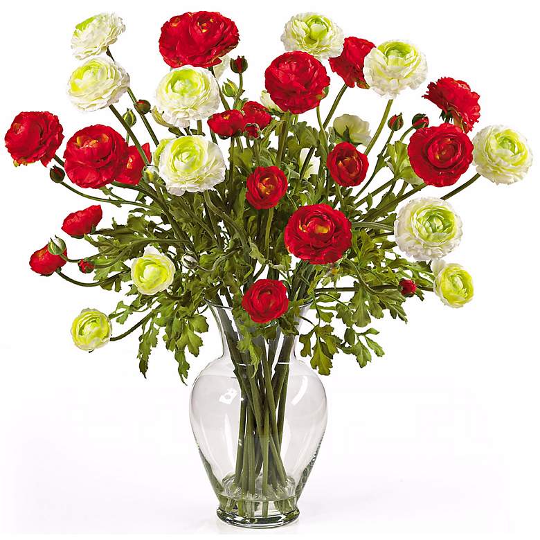 Image 1 Red and White Ranunculus 24"W Faux Floral Bouquet in a Vase