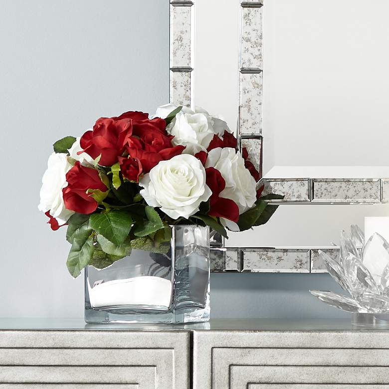 Image 1 Red and White Roses 14 1/4" High Faux Flowers in Container