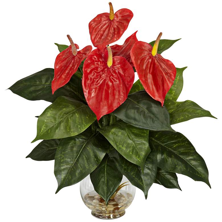 Image 1 Red Antherium 17 1/2" High Faux Flowers in Glass Vase