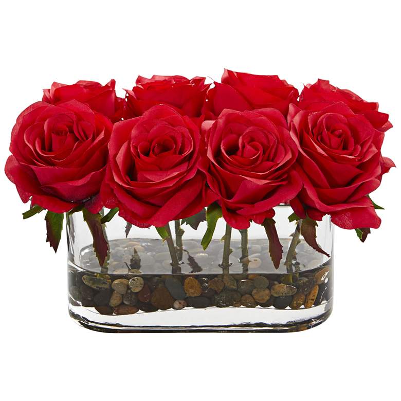 Image 1 Red Blooming Roses 8 1/2 inch Wide Faux Flowers in Glass Vase