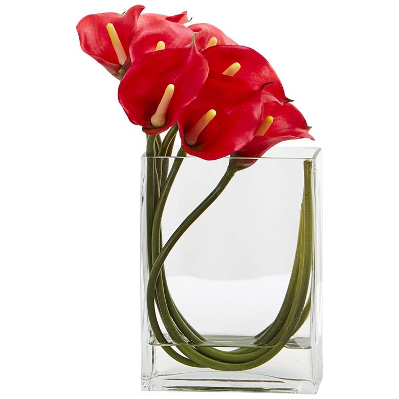 Image 1 Red Calla Lily 12 inchW Faux Flowers in Rectangular Glass Vase