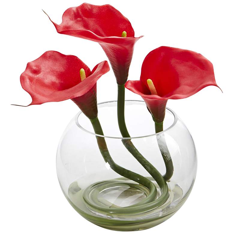 Image 1 Red Calla Lily 9" High Faux Flowers in Round Glass Vase