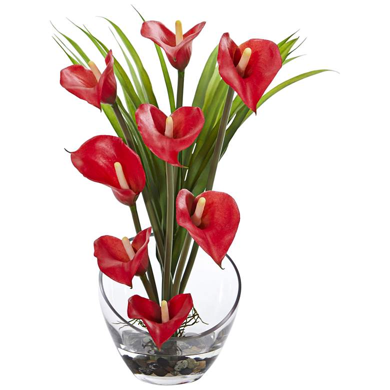 Image 1 Red Calla Lily and Grass 15 1/2" Wide Faux Flowers in Vase
