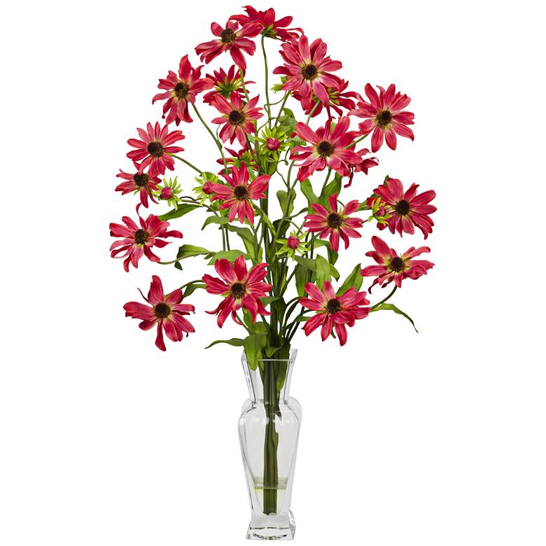 Image 1 Red Cosmos 27 inch High Faux Flowers in Glass Vase