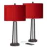 Red Faux Silk and Dark Bronze USB Table Lamps Set of 2