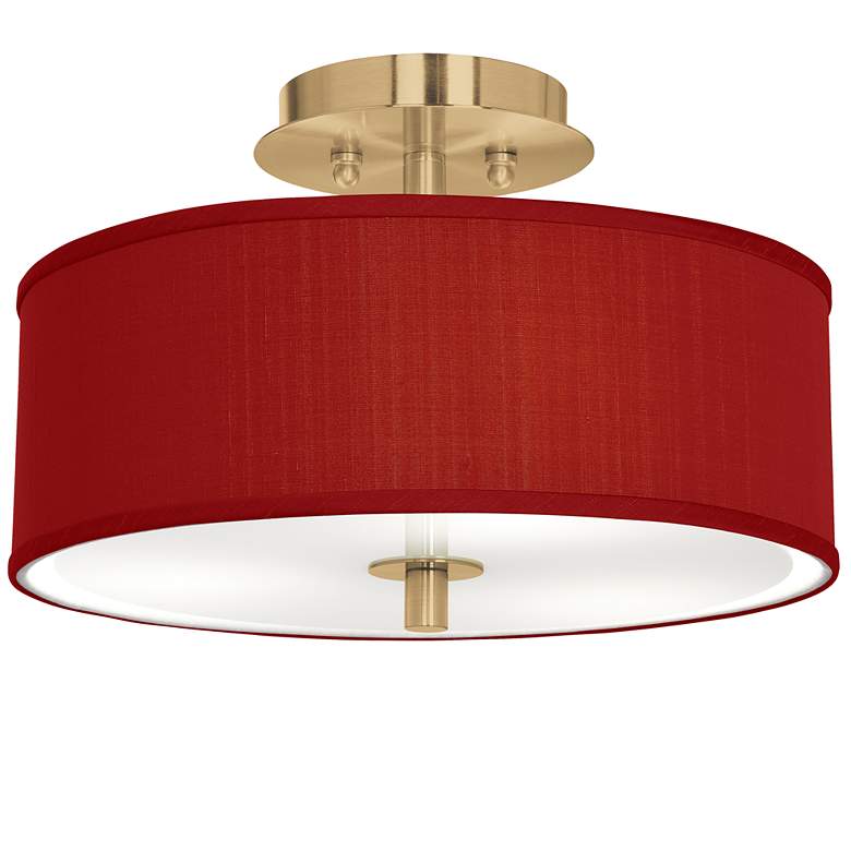 Image 1 Red Faux Silk Gold 14 inch Wide Ceiling Light