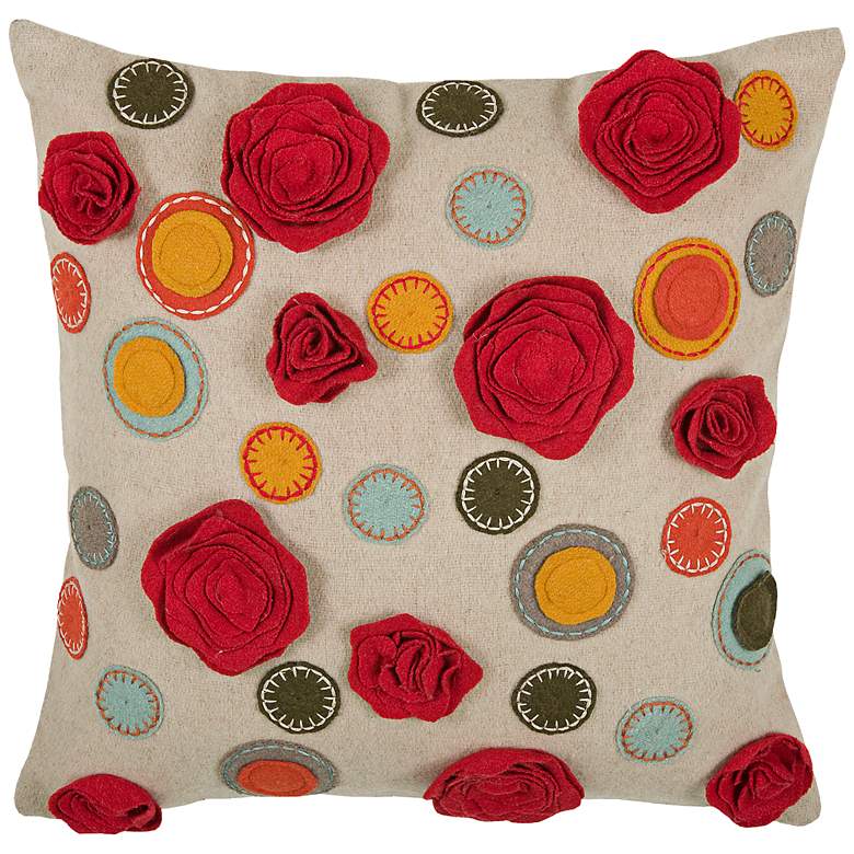 Image 1 Red Floral Applique on Natural 18 inch Square Throw Pillow