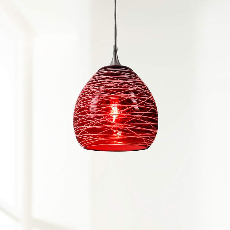 Image 1 Red Glass 4 3/4 inch Wide Brushed Steel Low Voltage Mini Pendant