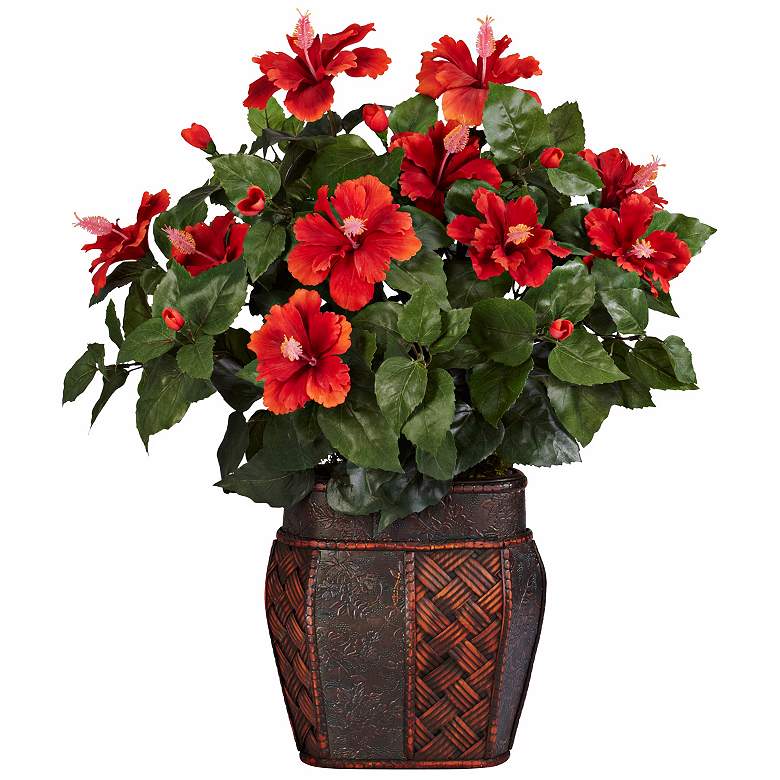 Image 1 Red Hibiscus 24 inch High Faux Plant in a Decorative Urn