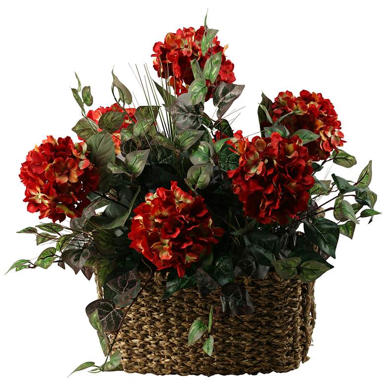 Image 1 Red Hydrangeas 27 inchW Faux Flowers in Basket