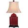 Red Lacquer Porcelain Tea Jar Table Lamp with Vintage Scallop Lamp Shade