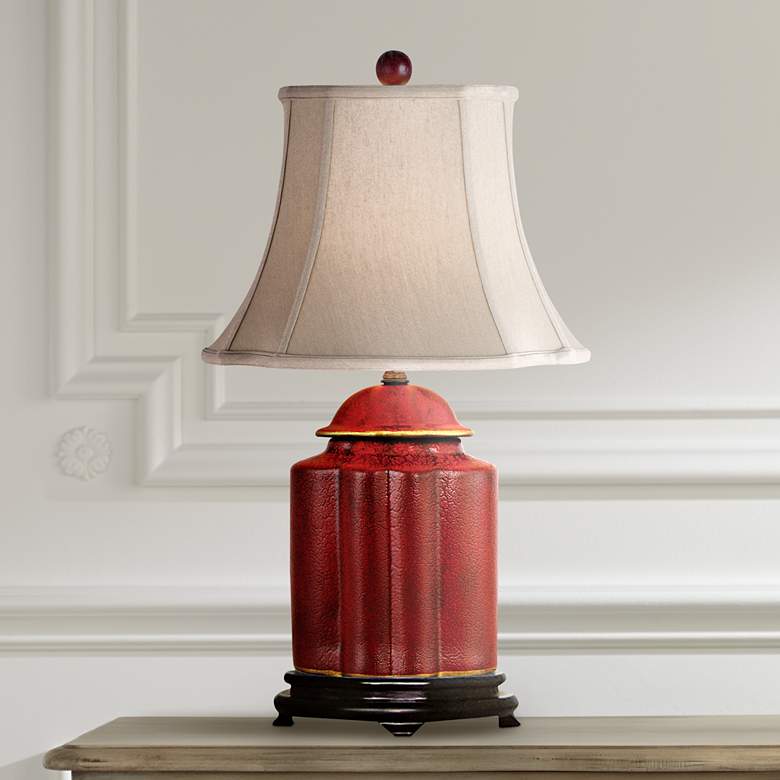 Red Lacquer Porcelain Tea Jar Table Lamp with Vintage Scallop Lamp Shade