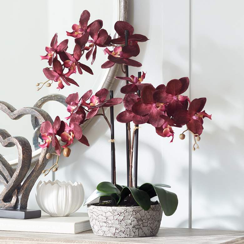 Red Orchid 24&quot; High Faux Flower in Gray Pot