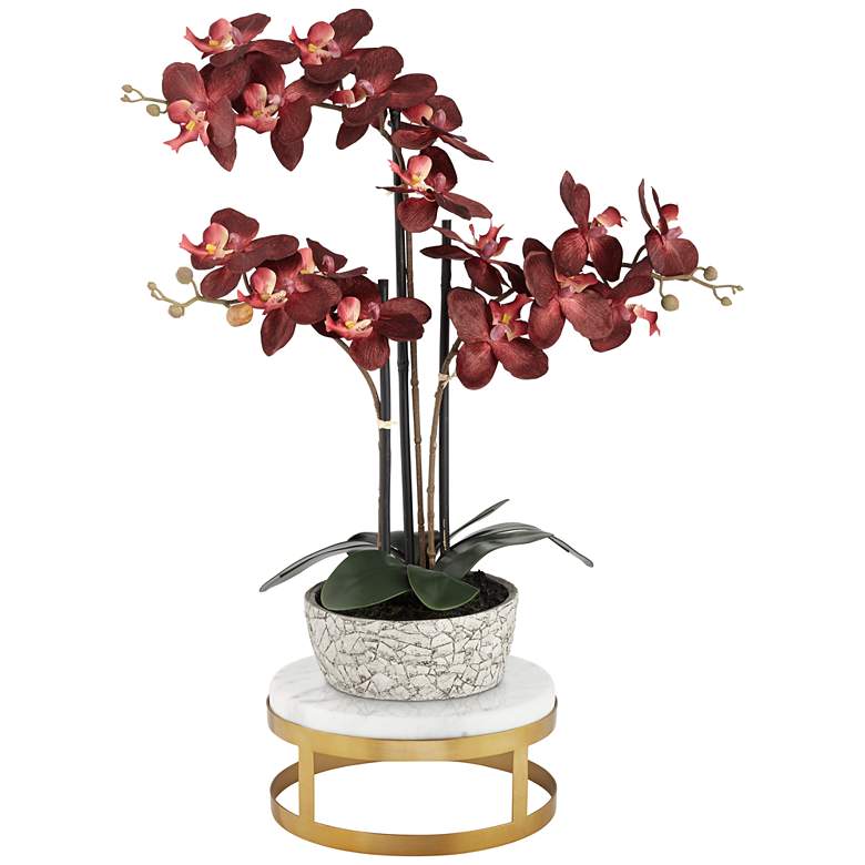 Image 1 Red Orchid 24 inch High Faux Flower With Brass Round Riser