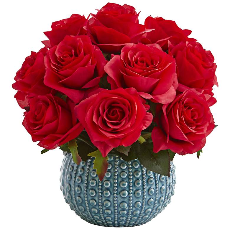 Image 1 Red Rose 11 1/2" Wide Faux Flowers in Ceramic Vase
