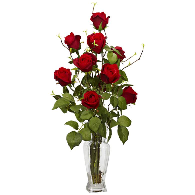 Image 1 Red Rose 28 inch High Faux Flowers in Glass Vase