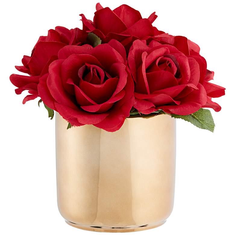 Image 1 Red Rose 9 1/2 inch High Faux Flowers in Gold Vase