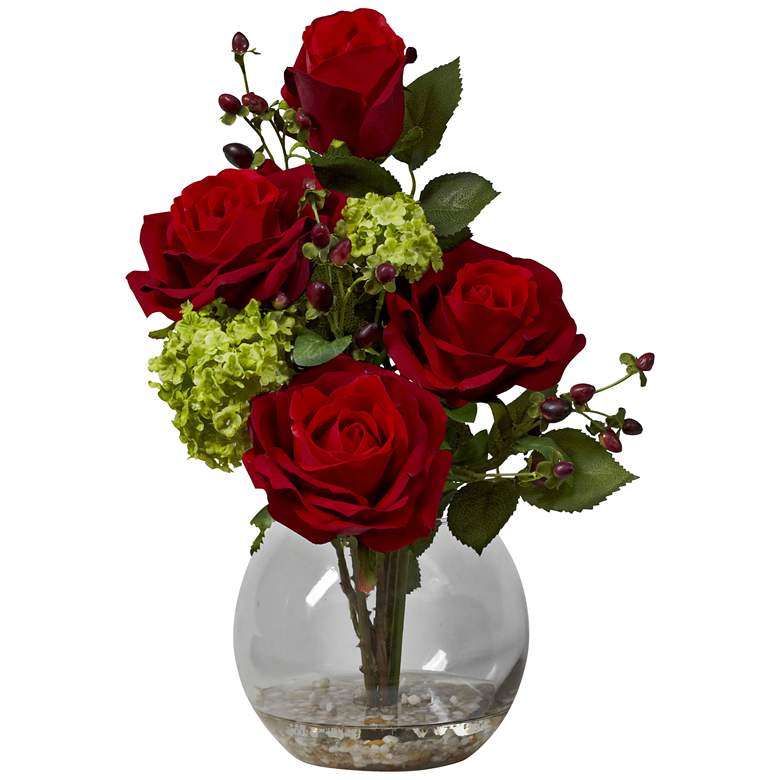 Image 1 Red Rose and Green Hydrangea 14"H Faux Flowers in Vase
