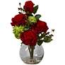 Red Rose and Green Hydrangea 14"H Faux Flowers in Vase