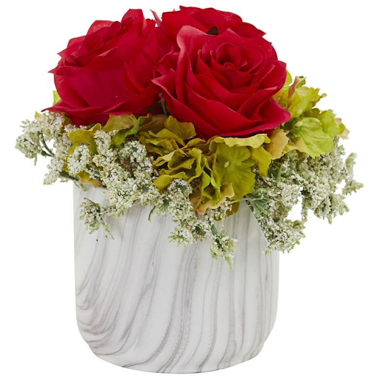 Image 1 Red Rose and Hydrangea 8 inch High Faux Flowers in Vase