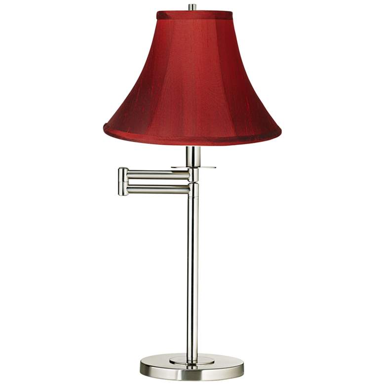 Image 1 Red Silk Bell Shade Brushed Nickel Swing Arm Desk Lamp