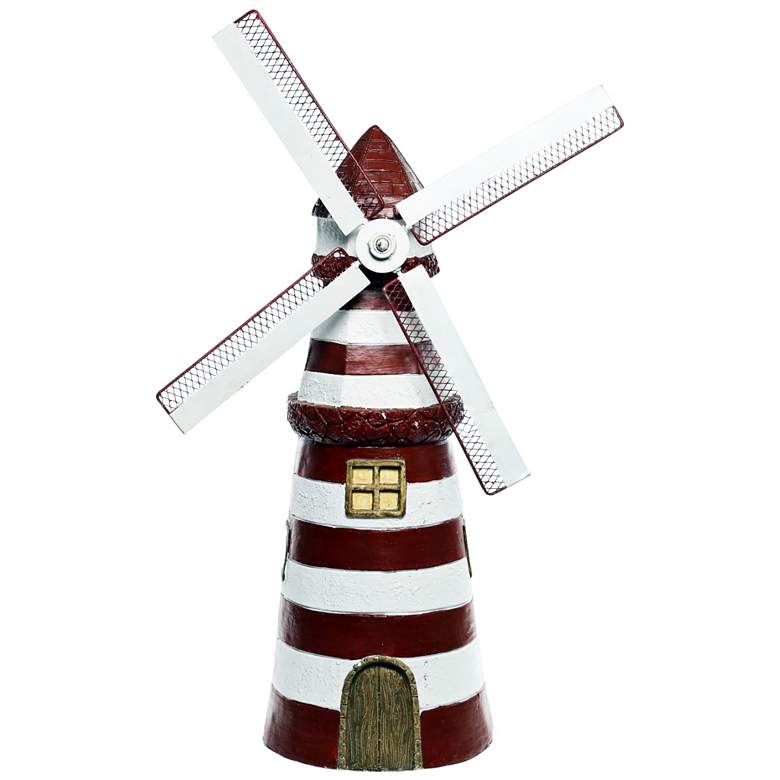 Image 1 Red Striped Lighthouse with Windmill 30 inch High Garden Accent