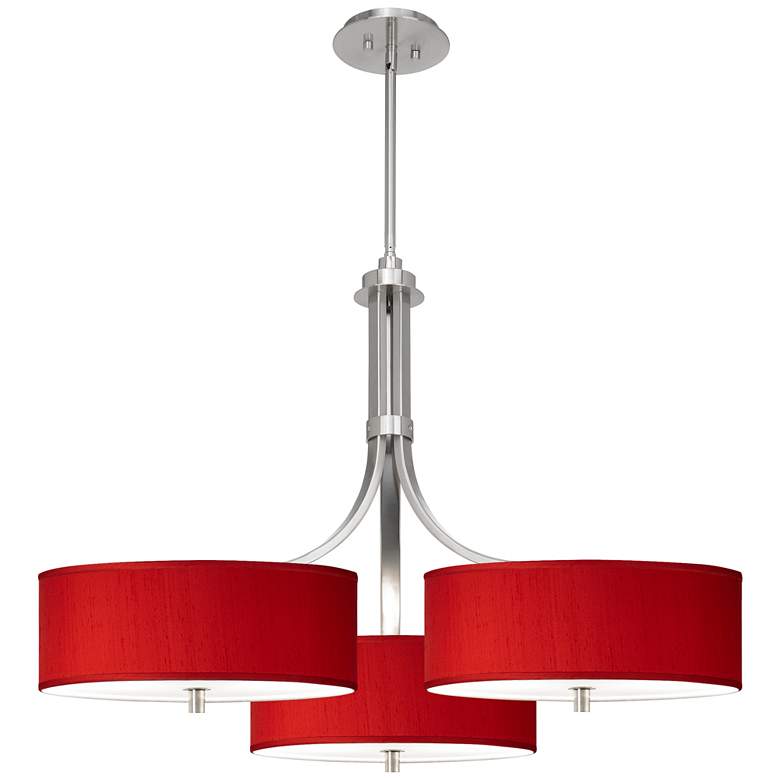 Red Textured Faux Silk 36&quot; Wide Modern Triple Shade Pendant