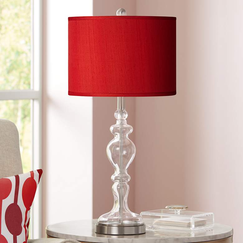 Red Textured Faux Silk Apothecary Clear Glass Table Lamp