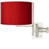 Red Textured Faux Silk Brushed Nickel Plug-In Swing Arm Wall Lamp