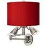 Red Textured Faux Silk Nickel Plug-In Swing Arm Wall Lamp