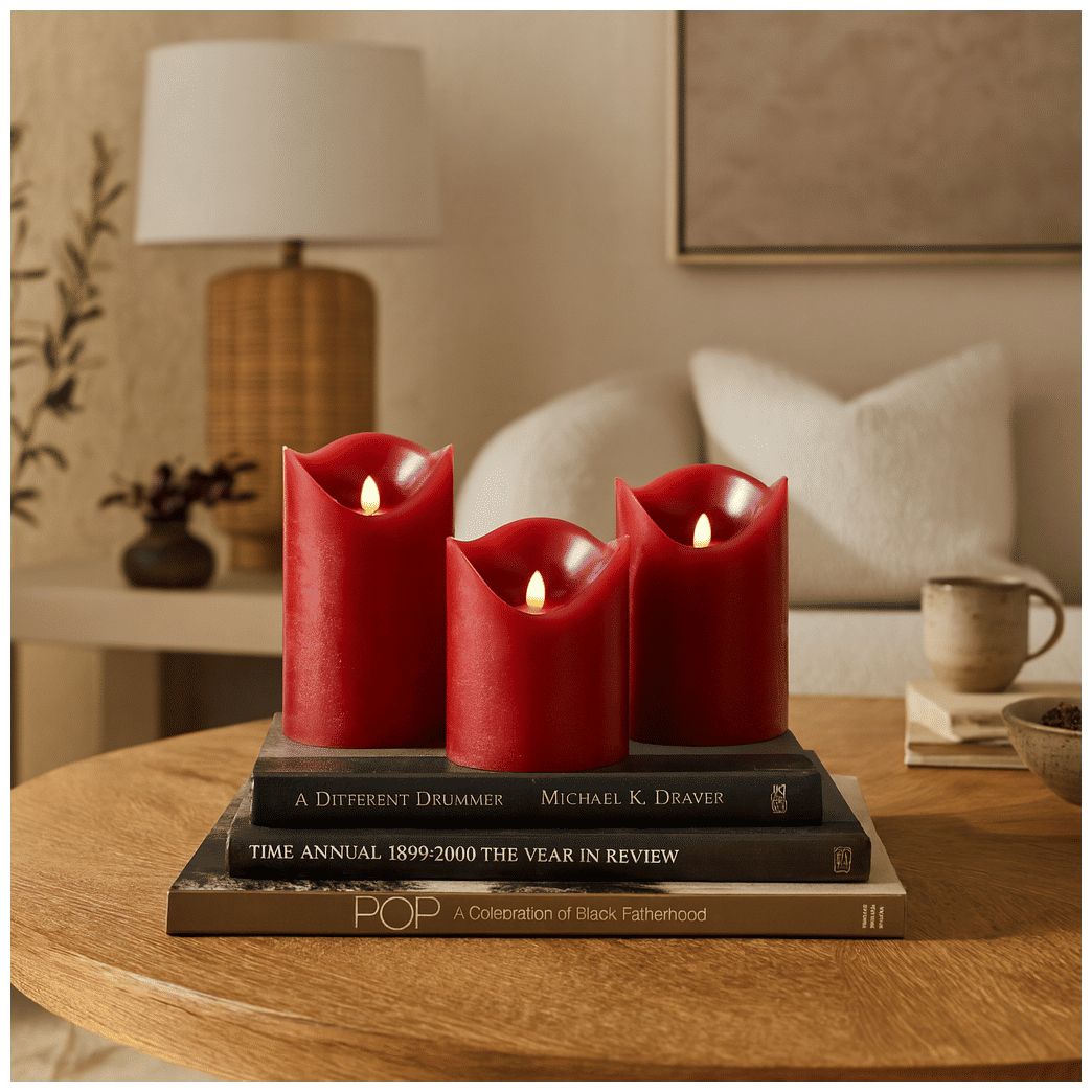 Image 4 Red Wax Traditional Flameless Candle, S/3 6", 5", 4"H more views