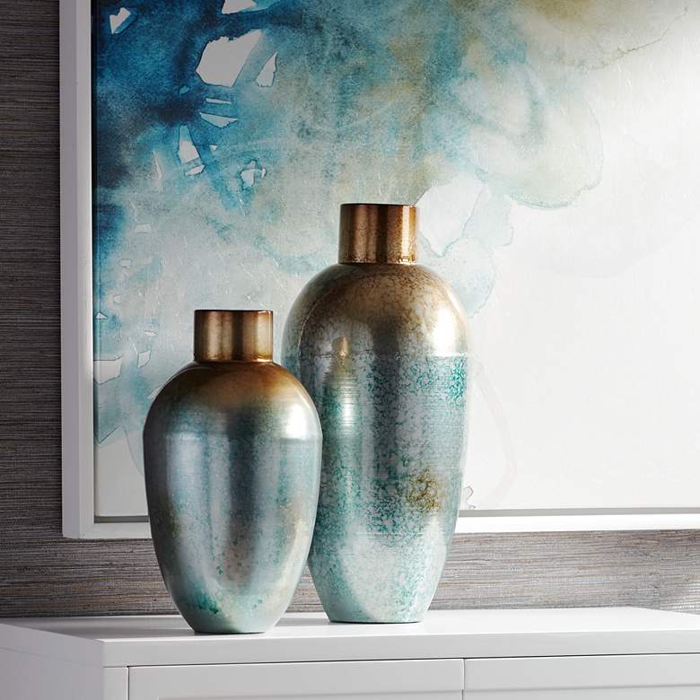 Image 1 Redding 17 inch and 12.5 inch High Blue Copper Modern Vase Set