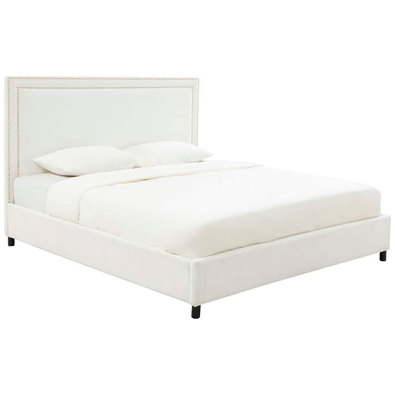 Image 1 Reed White Velvet Queen Bed with Nail Head Trim