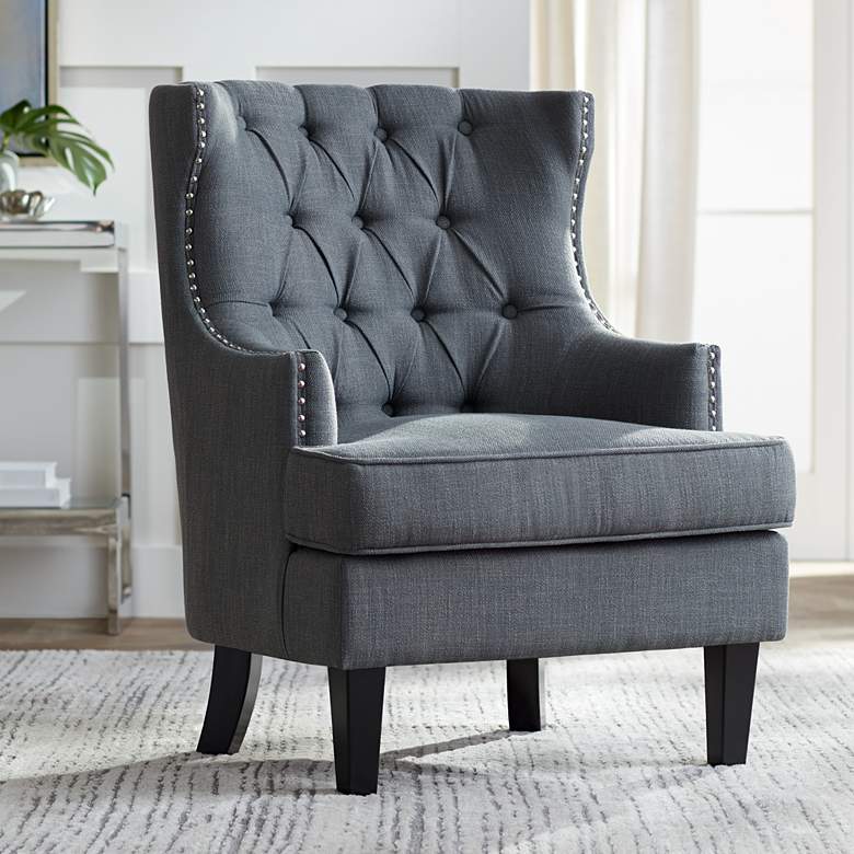 Image 1 Reese Studio Charcoal Fabric Tufted Nailhead Trim High-Back Accent Chair