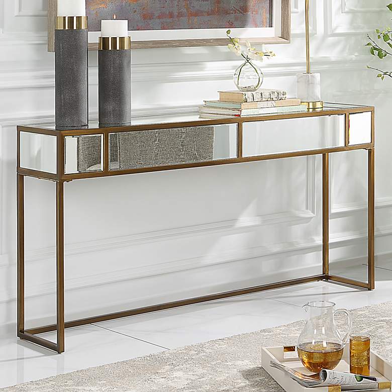 Image 1 Reflect 62"W Brushed Aged Gold and Mirrored Console Table