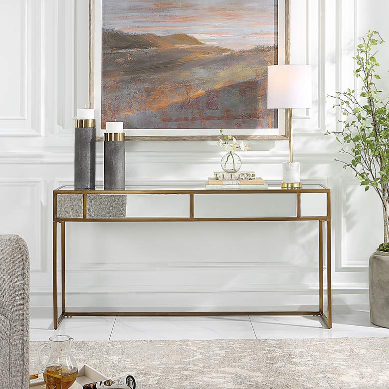 Image 3 Reflect 62"W Brushed Aged Gold and Mirrored Console Table more views