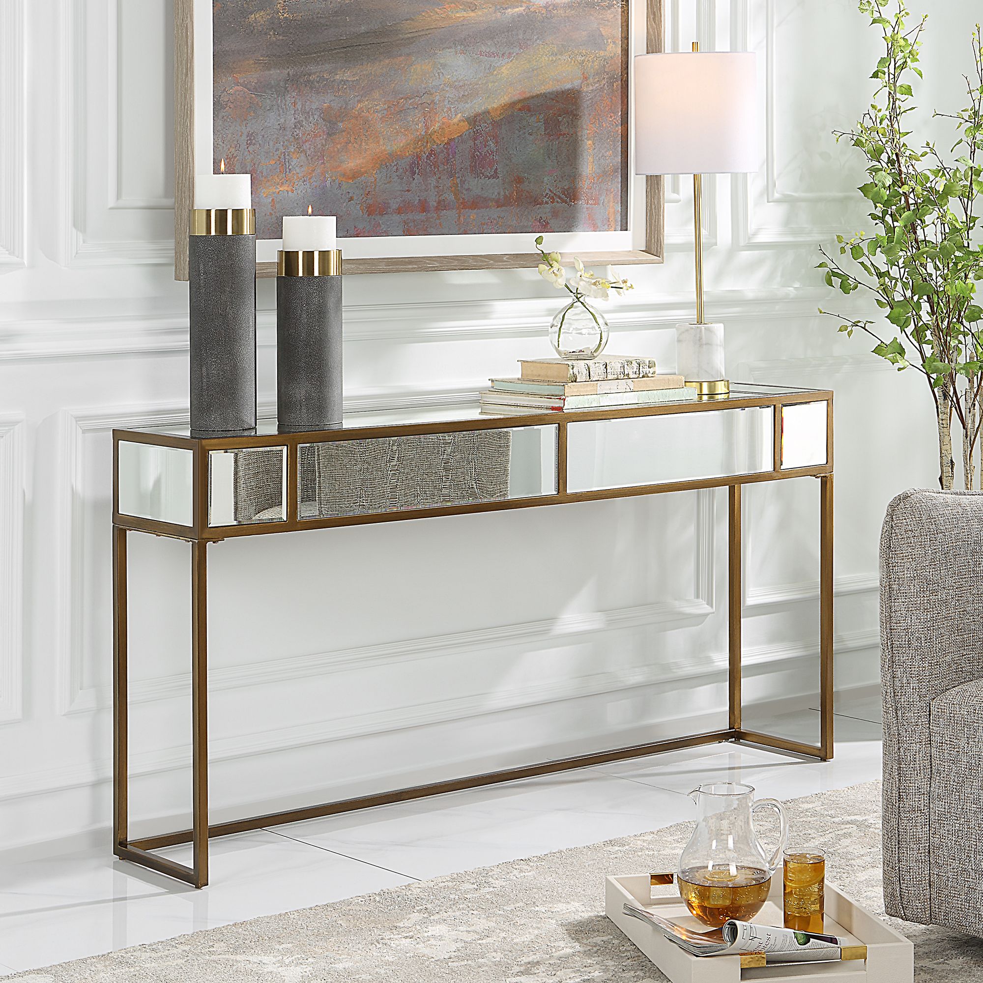 Image 7 Reflect 62"W Brushed Aged Gold and Mirrored Console Table more views