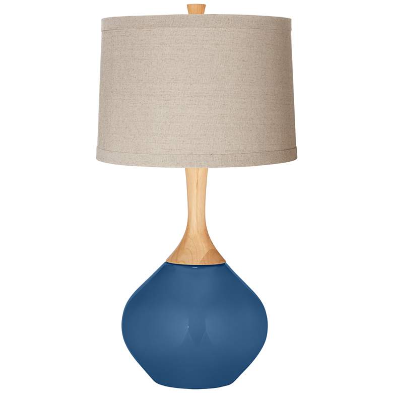 Image 1 Regatta Blue Natural Linen Drum Shade Wexler Table Lamp