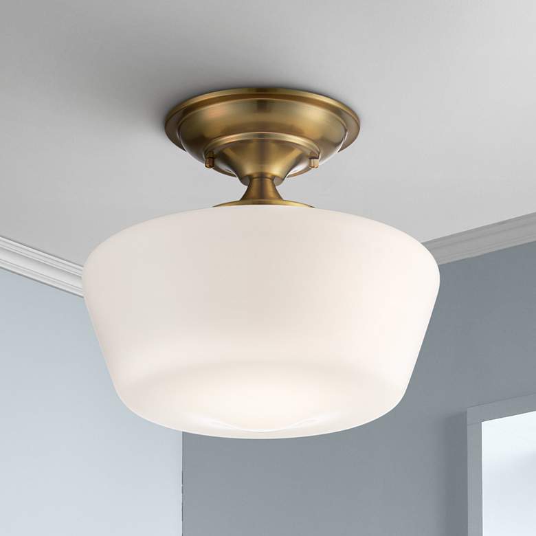 Image 1 Regecy Hill Soft Gold 12" White Glass Schoolhouse Ceiling Light