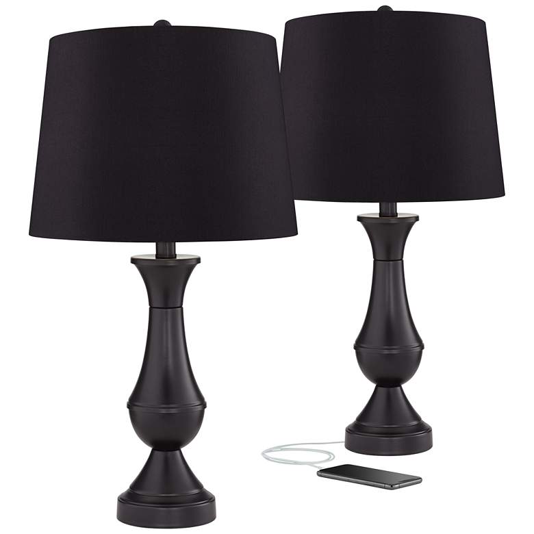 Image 1 Regency Hill 25" Black Shade USB LED Touch Table Lamps Set of 2