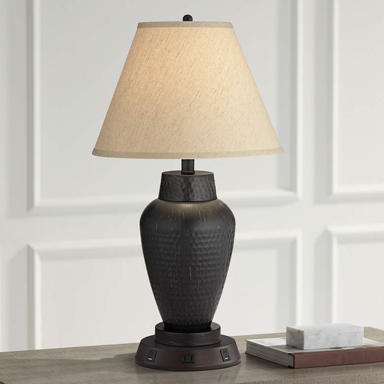 Image 1 Regency Hill 25" Hammered Bronze Table Lamp with USB Workstation Base