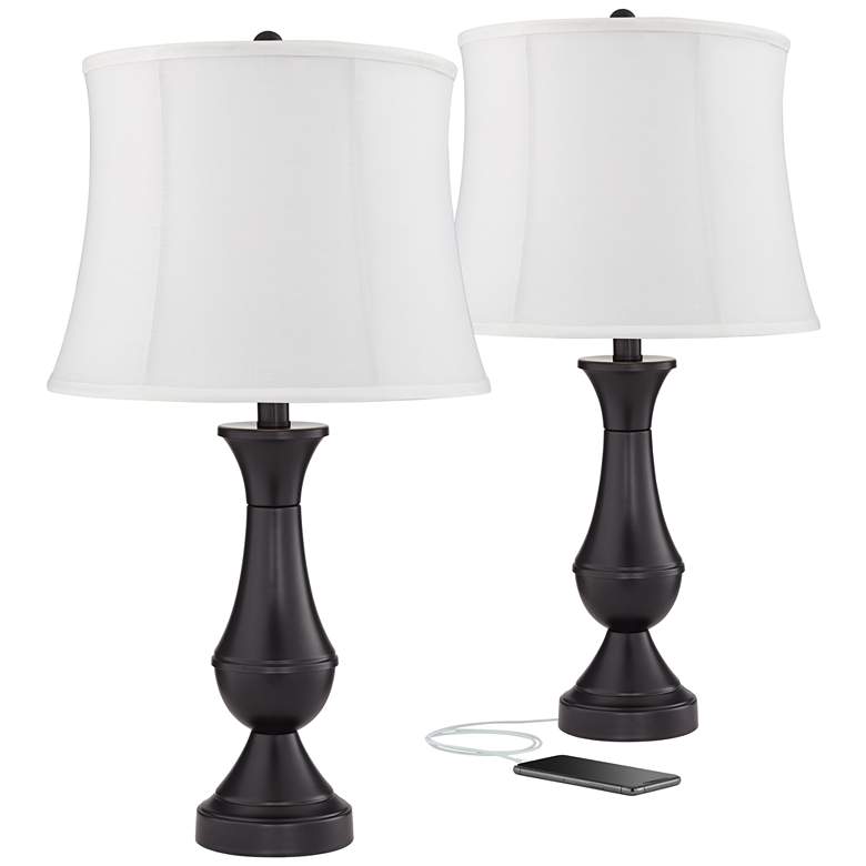 Image 1 Regency Hill 25" White Shade USB LED Touch Table Lamps Set of 2