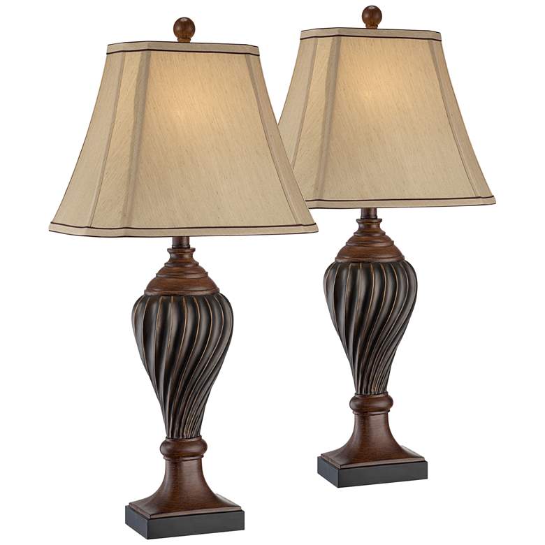 Image 2 Regency Hill 28 1/2" Carved Oak Brown Traditional Table Lamps Set of 2