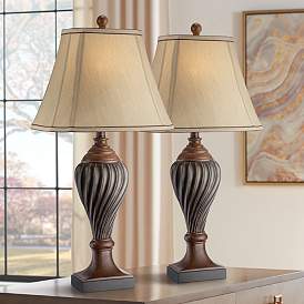 Image1 of Regency Hill 28 1/2" Carved Oak Brown Traditional Table Lamps Set of 2