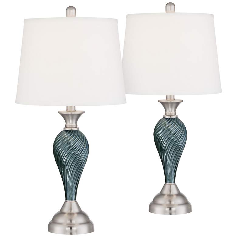 Image 2 Regency Hill Arden 25" Green-Blue Glass Lamps Set with Dimmers