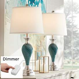 Image1 of Regency Hill Arden 25" Green-Blue Glass Lamps Set with Dimmers