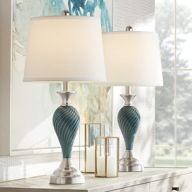 Image 1 Regency Hill Arden 25 inch Green-Blue Glass Twist Column Lamps Set of 2