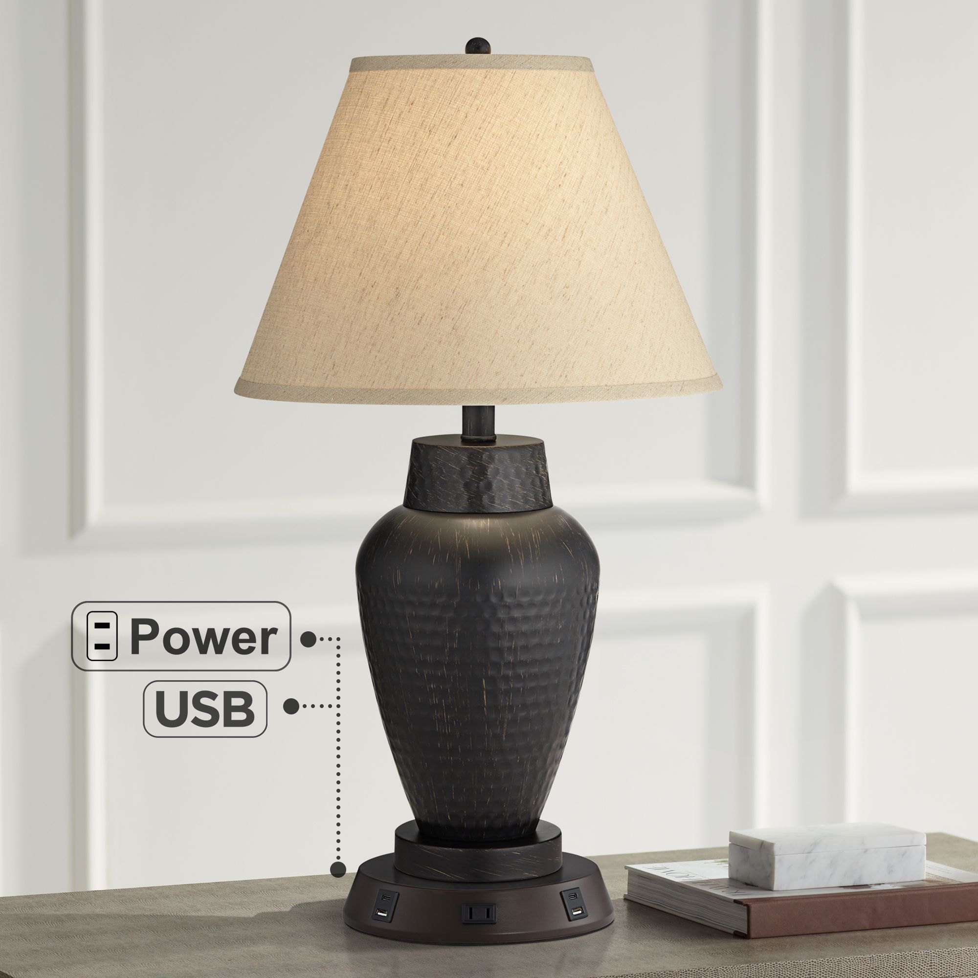 Image 7 Regency Hill Auburn 25" Hammered Bronze Lamp with USB Workstation Base more views