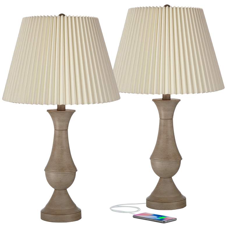 Image 1 Regency Hill Avery 25" Faux Wood and Ivory Touch USB Lamps Set of 2